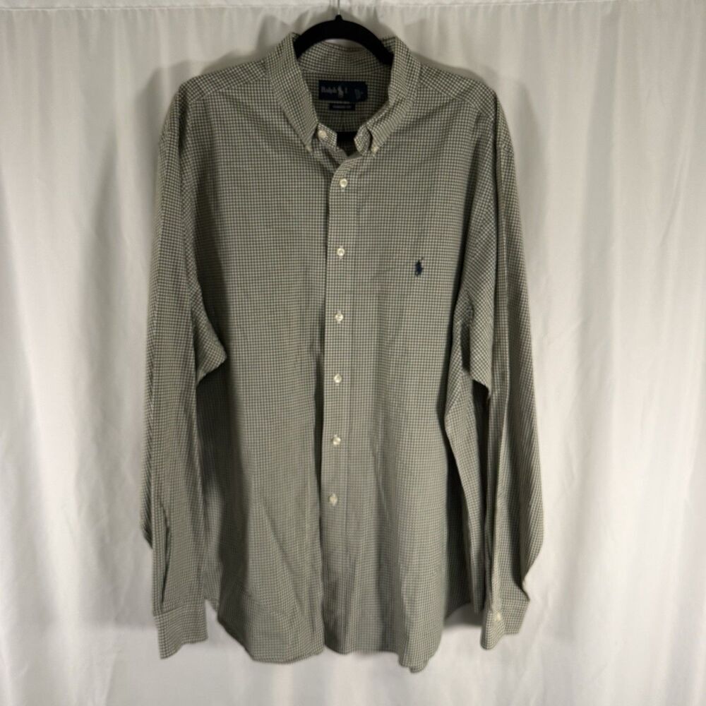 Ralph Lauren Dress Shirt Men’s 18 XXL Green WHite Plaid Classic Fit Long Sleev